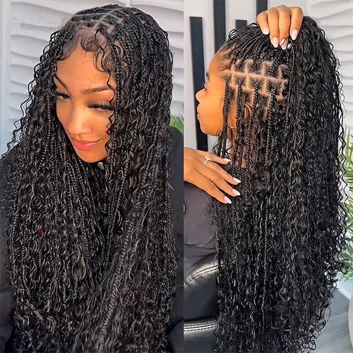 Braided Glueless Wig Drawstring Cap 13x6 HD Lace Front Knotless Boho Curls Human Hair Wigs
