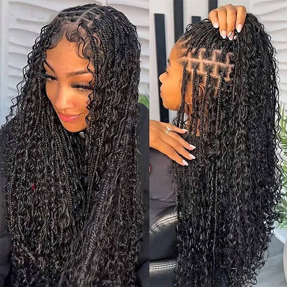 Braided Glueless Wig Drawstring Cap 13x6 HD Lace Front Knotless Boho Curls Human Hair Wigs